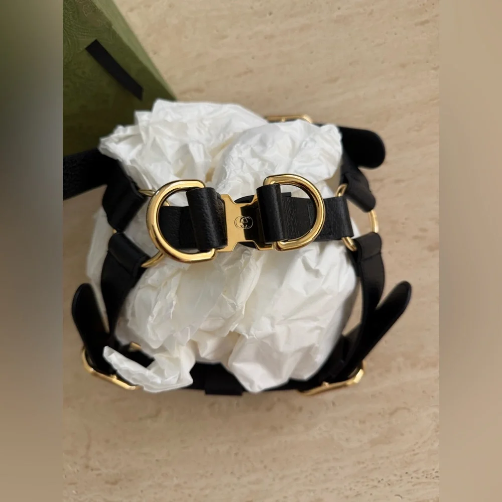 NWB Gucci GG Logo Leather Pet - Dog Black Harness Size L
